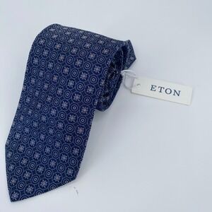 Eton Tie Mens One Size Navy Patterned Silk Classic Fit Necktie Italy Made NWT